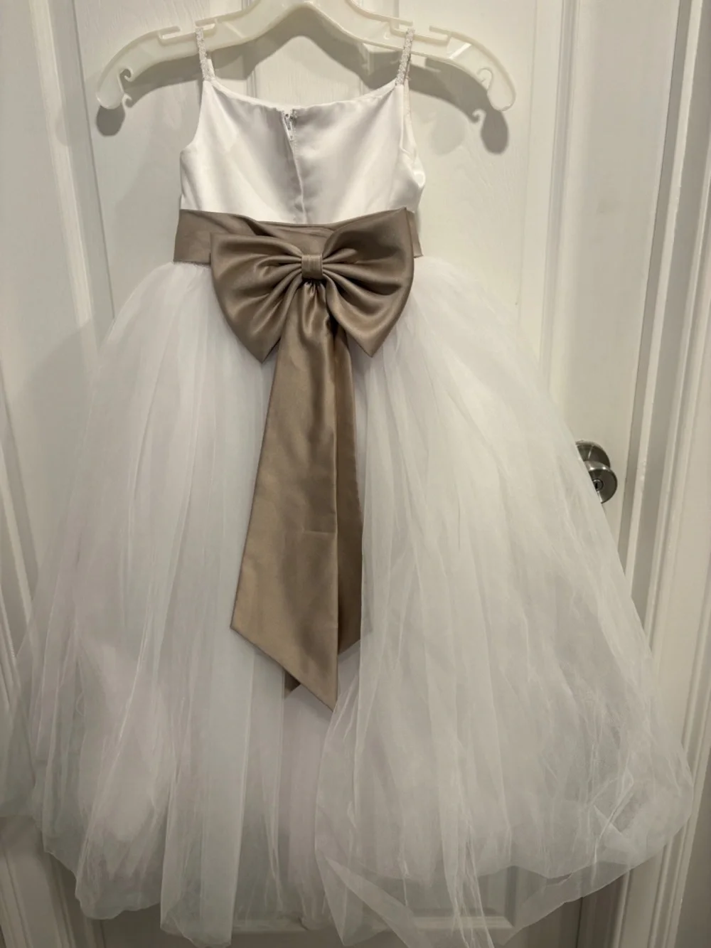David's Bridal White Tulle Flower Girl Dress with Taupe Sash - Picture 3 of 3